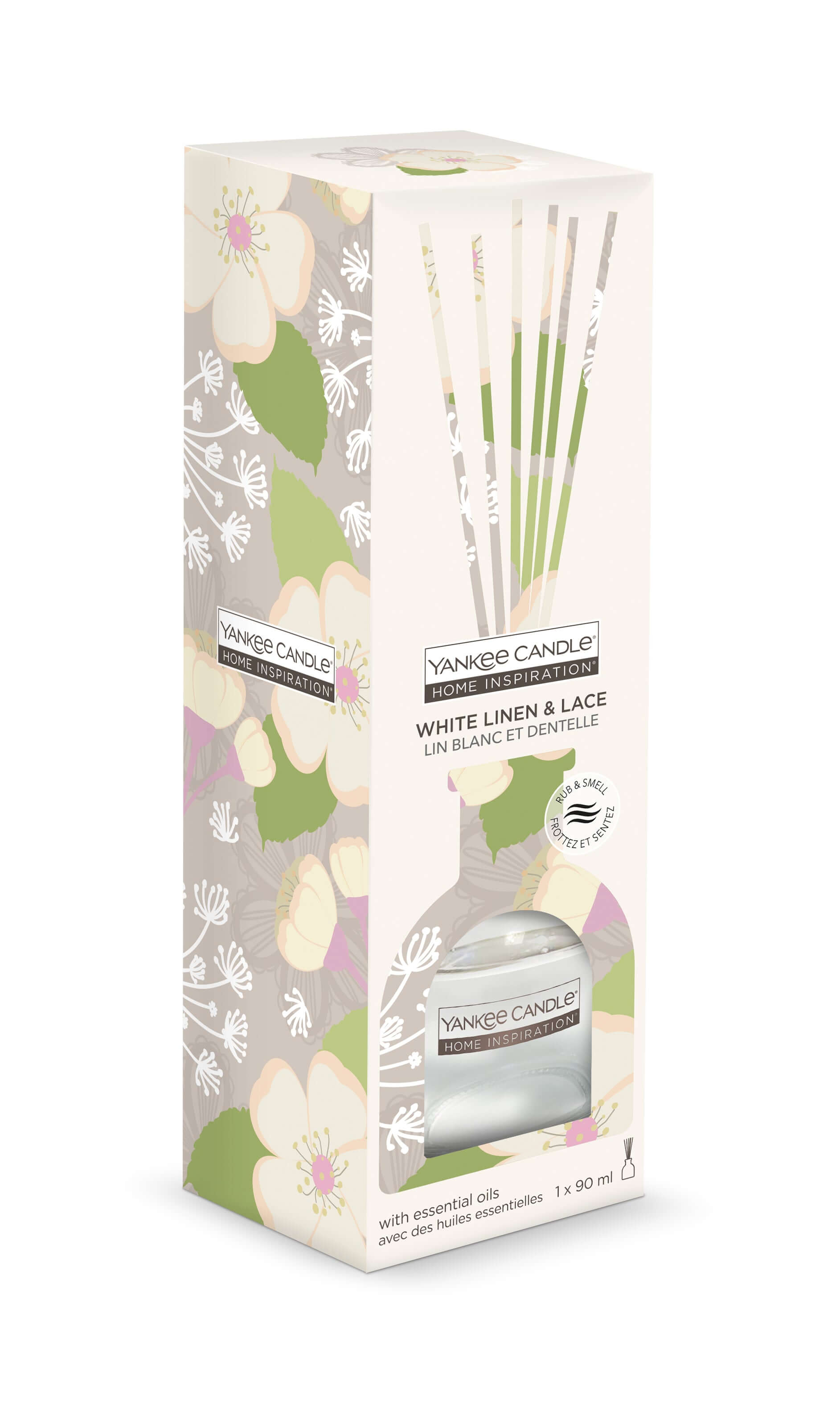 White Linen & Lace Reed Diffuser This elegant fragrance by Yankee Candle® Home Inspiration® features top notes of ozonic breeze, apple blossom, and raspberry leaf; mid notes of iris muguet, ylang petals, and white jasmine.