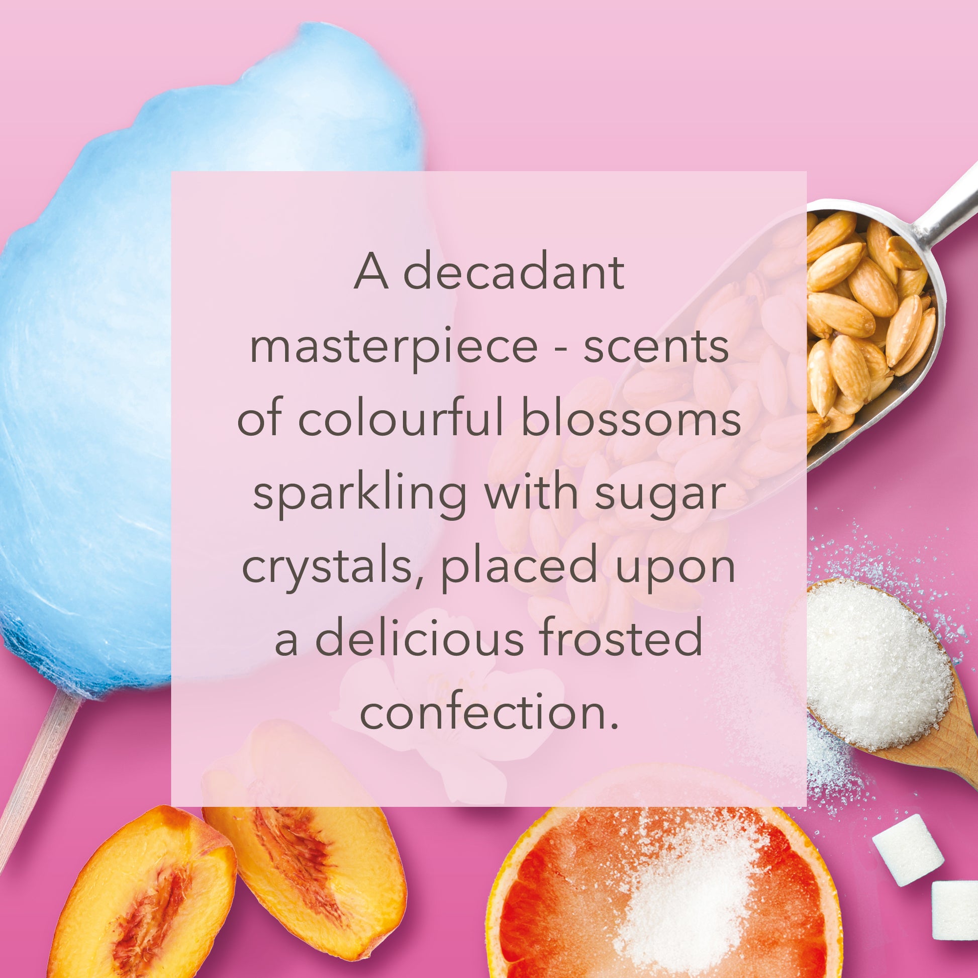 Sugared Blossom Reed Diffuser Colourful blossoms, sparkling with sugar crystals, placed upon a delicious frosted confection. 