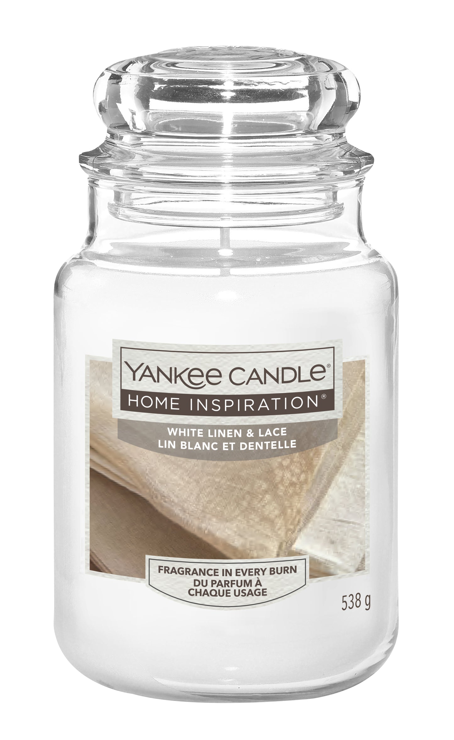 White Linen & Lace Large Jar This elegant fragrance by Yankee Candle® Home Inspiration® features top notes of ozonic breeze, apple blossom, and raspberry leaf; mid notes of iris muguet, ylang petals, and white jasmine.