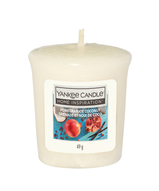 Pomegranate Coconut Votive Sweeten your home with the delicious and dreamy scents of pomegranate and coconut with the Yankee Candle® Home Inspiration® Pomegranate and Coconut Candle.