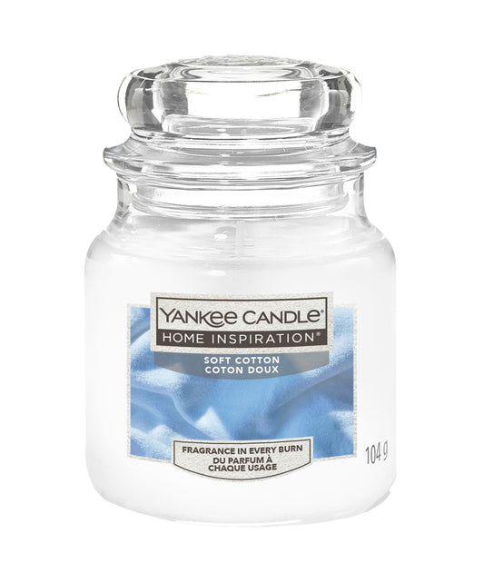 Soft Cotton Small Jar Yankee Candle® Home Inspiration® Soft Cotton provides a fresh and airy aroma throughout your home, such as the clean, comforting scent of soft, fluffy towels just out of the dryer.