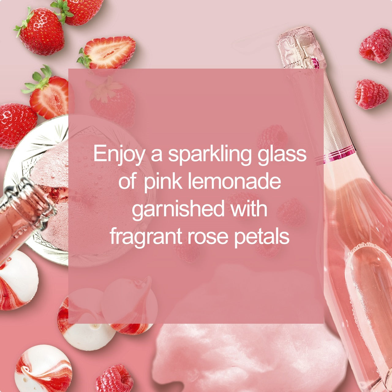 Rose Lemonade Enjoy a sparkling glass of pink lemonade garnished with fragrant rose petals. 